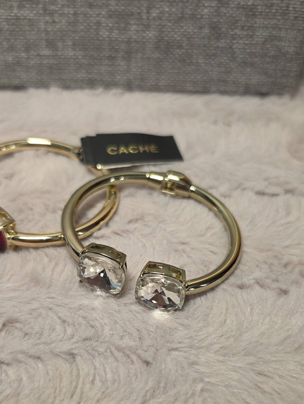 Cache Single Gold-Tone Hoop Bracelet with Faceted Clear Stones